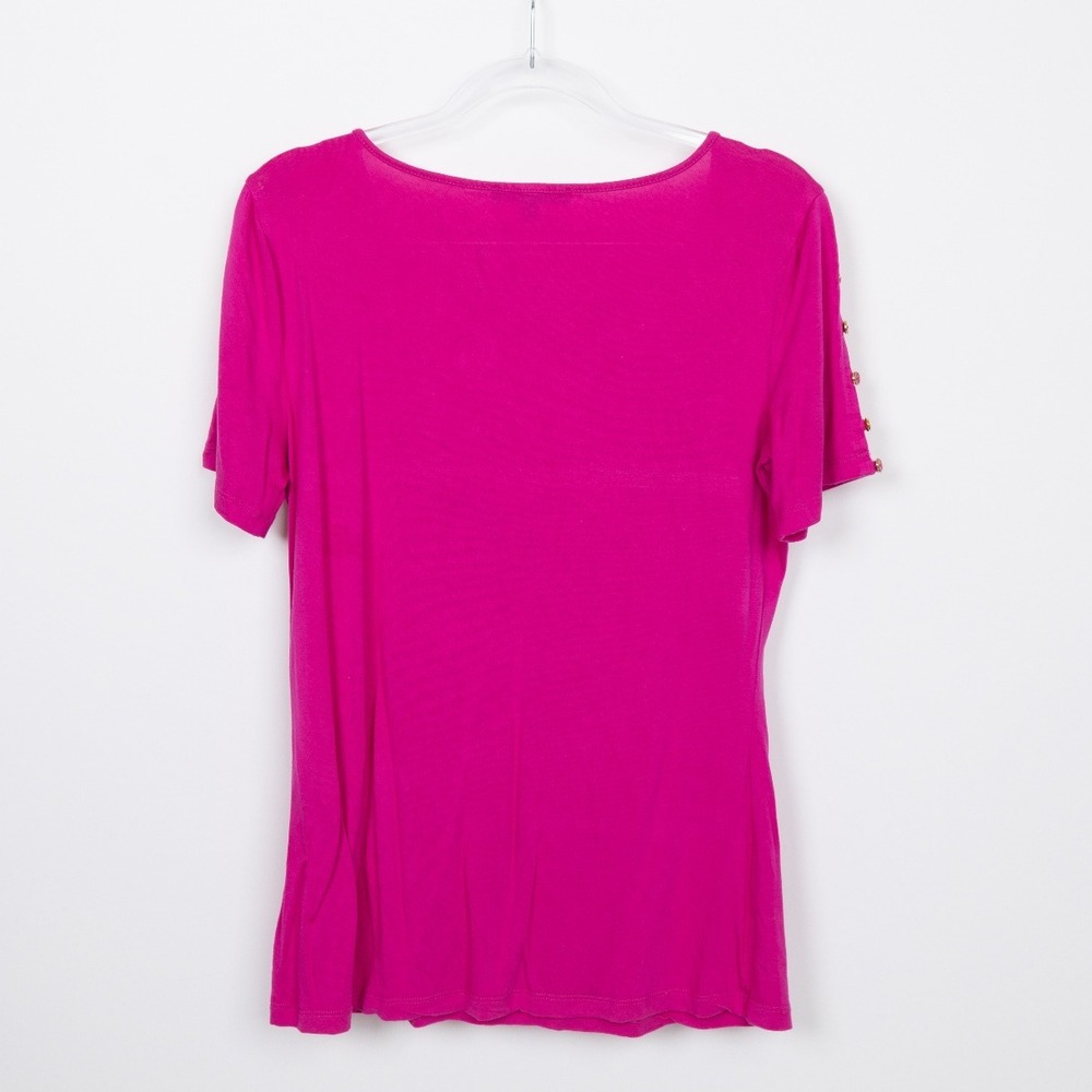 Cable & Gauge Button Sleeve Top Crew Neck Knit Tee Shirt Fuchsia M - Picture 3 of 12